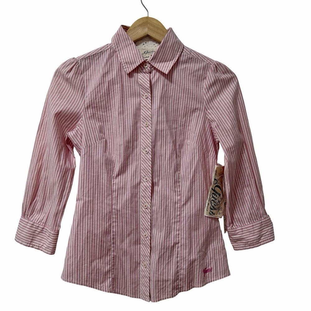 VTG Guess Women Stripe 3/4 Sleeve Y2K Button Up Top Size S Pink Twee 2000s‎ NEW
